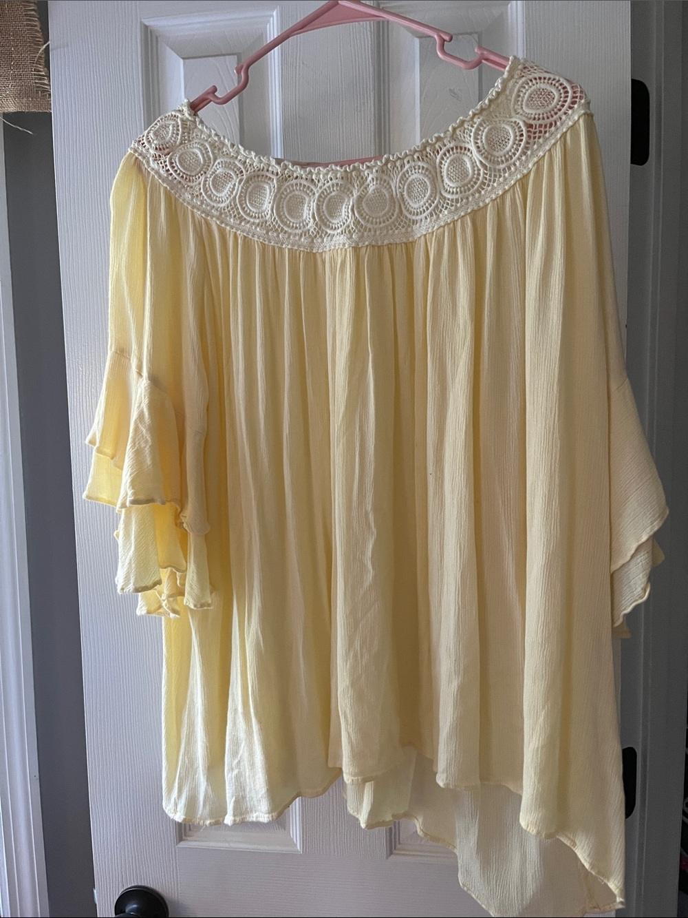 Women's Yellow Crochet-Trim Off-Shoulder Top